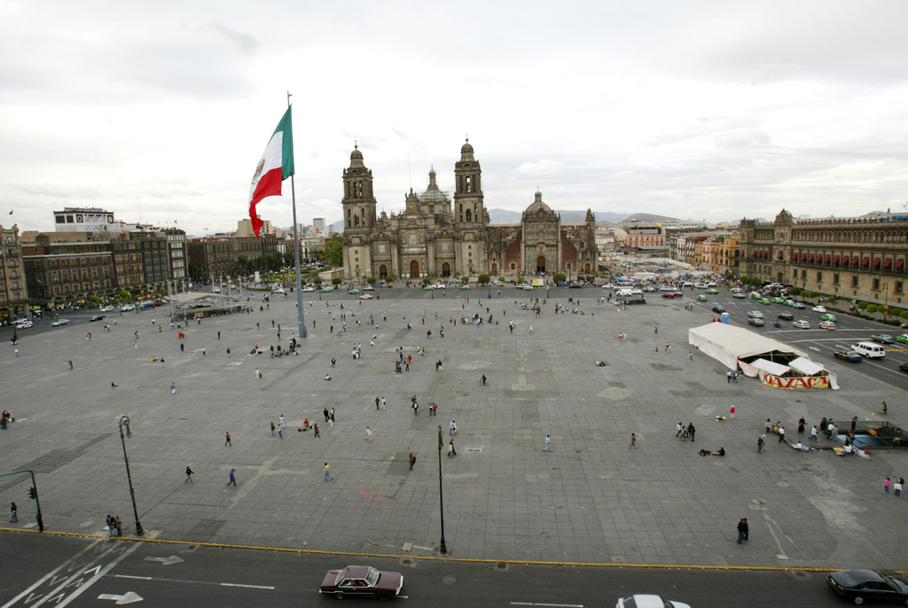 FILE - A bird's eye view of the Zocalo and a sinking Metropolitan Cathedral in Mexico City, June 21, 2005. (AP Photo/Marco Ugarte, File)