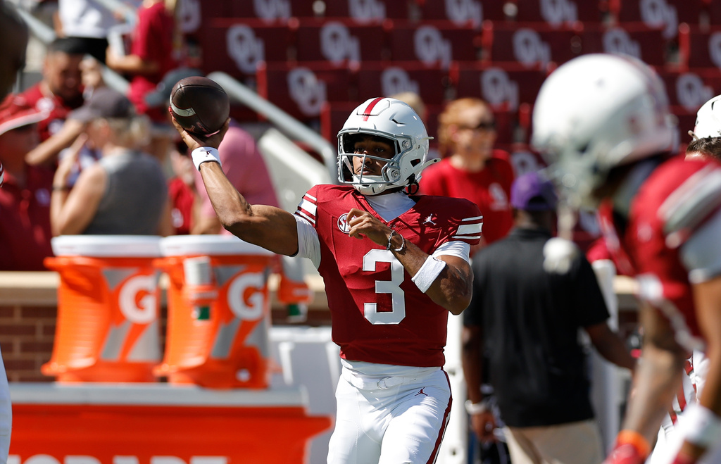 Oklahoma quarterback Michael Hawkins Jr. (3) warms up before the start of an NCAA college football game Saturday, Oct. 4, 2025, in Norman, Okla. (AP Photo/Alonzo Adams)