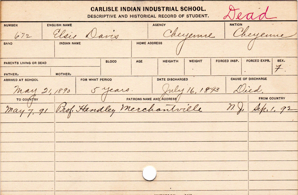 This photo provided by the Carlisle Indian School Digital Resource Center shows the student card of Elsie Davis, a member of the Cheyenne Nation, who entered the Carlisle Indian Industrial School on May 21, 1890, and died on July 16, 1893. (Carlisle Indian School Digital Resource Center via AP)