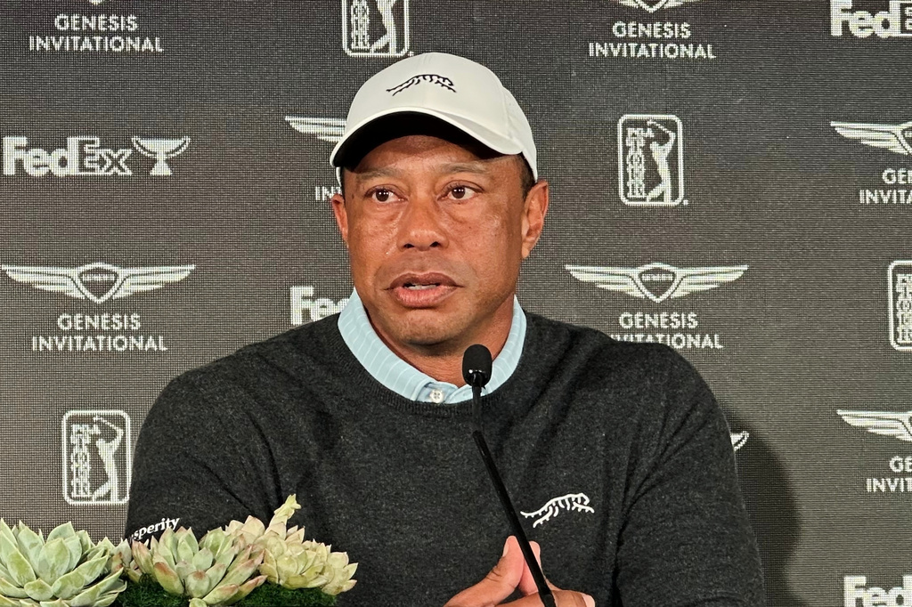 Tiger Woods speaks to the media at Riviera Country Club in Los Angeles, Tuesday, Feb. 17, 2026, ahead of the Genesis Invitational, where he is the tournament host. (AP Photo/Doug Ferguson)