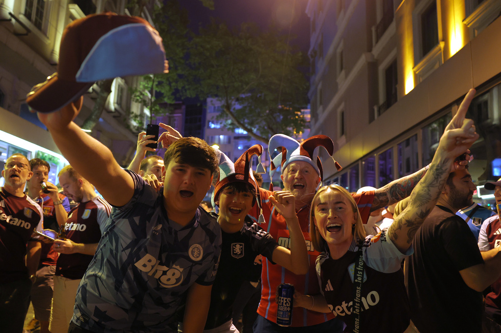 Aston Villa fans gather in the streets of Istanbul, Turkey, Tuesday, May 19, 2026, ahead of the Europa League final soccer match between Freiburg and Aston Villa. (AP Photo)