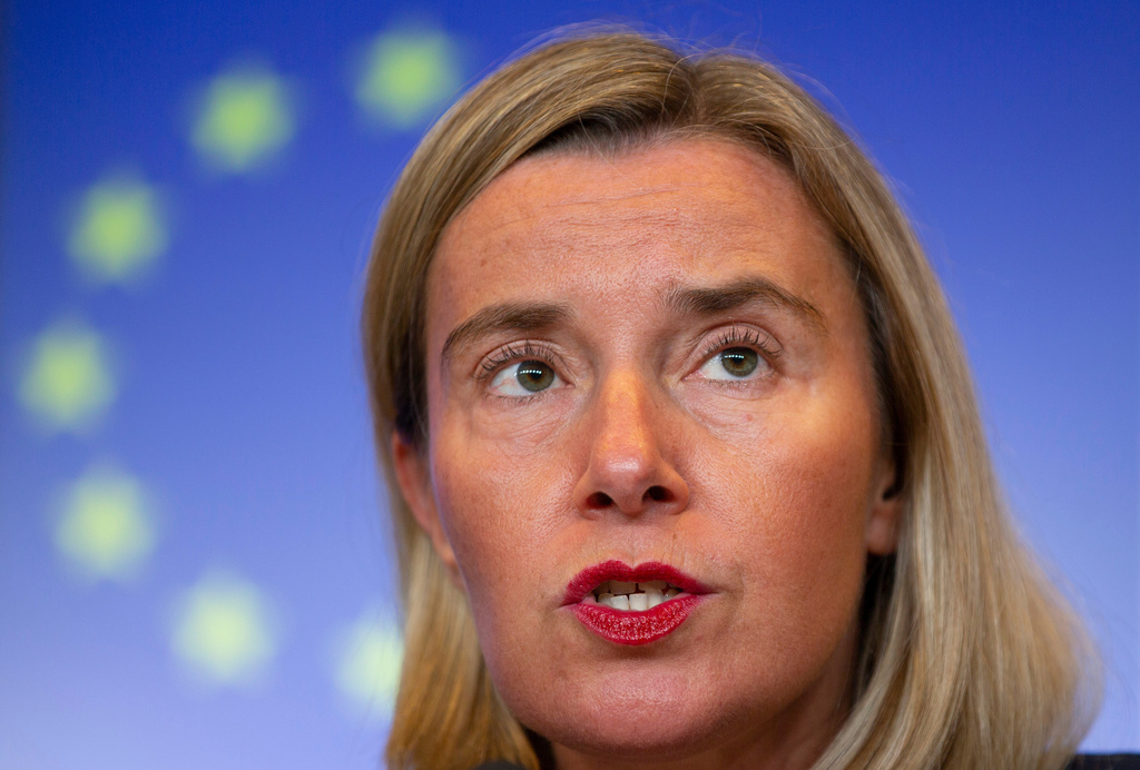 FILE - European Union foreign policy chief Federica Mogherini speaks during a media conference at the European Convention Center in Luxembourg, on Oct. 14, 2019. (AP Photo/Virginia Mayo, File)