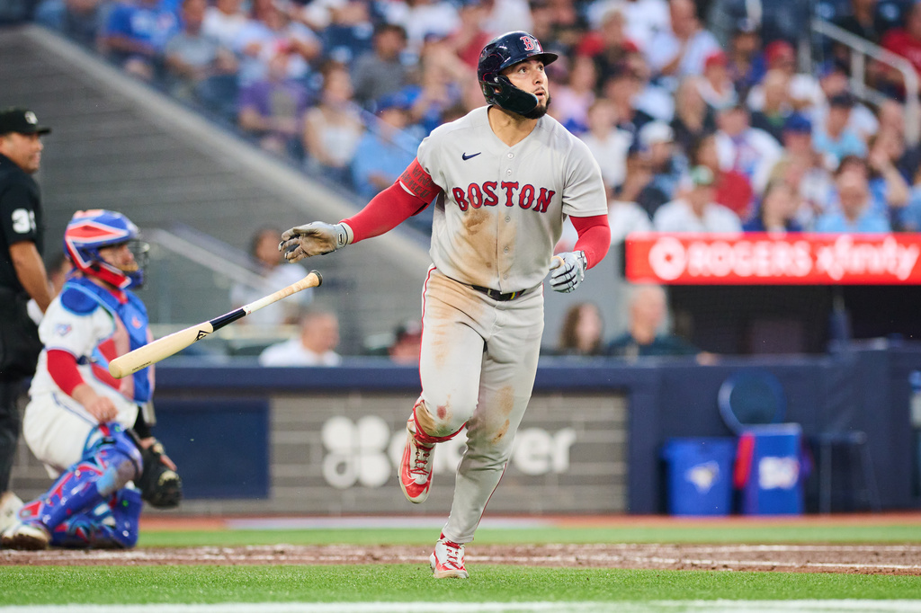 Boston Red Sox's Wilyer Abreu (52) rounds the bases after hitting a home run against the Toronto Blue Jays during fourth inning MLB baseball action in Toronto, on Tuesday, Aug. 11, 2026. (Sammy Kogan/The Canadian Press via AP)