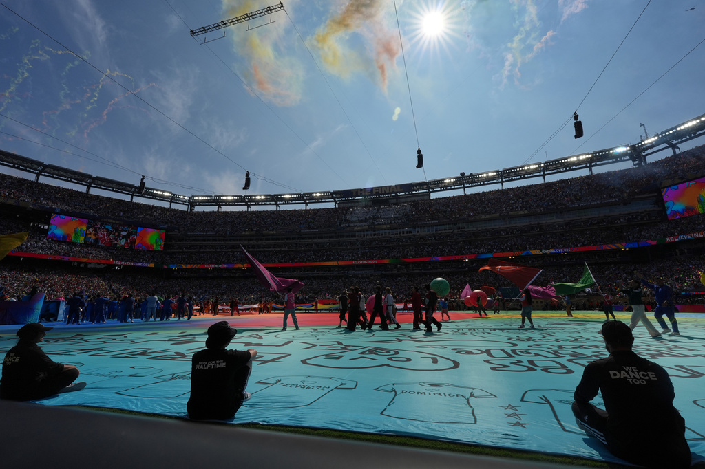Artists perform during half time of the World Cup final soccer match between Spain and Argentina in East Rutherford, N.J., near New York, Sunday, July 19, 2026. (AP Photo/Frank Franklin II)