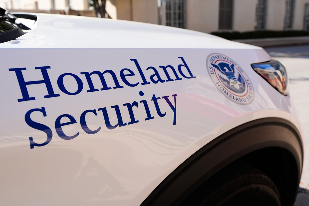 A Homeland Security vehicle is parked outside the Eldon B. Mahon U.S. Courthouse during a trial for nine people connected to a 2025 shooting outside an ICE detention facility, in Fort Worth, Texas, Thursday, March 12, 2026. (AP Photo/Tony Gutierrez)