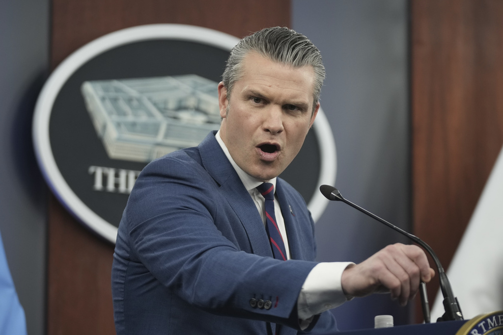 Defense Secretary Pete Hegseth speaks during a press briefing at the Pentagon, Monday, March 2, 2026, in Washington. (AP Photo/Mark Schiefelbein)