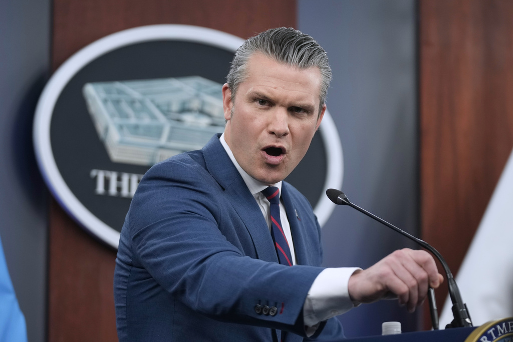 Defense Secretary Pete Hegseth speaks during a press briefing at the Pentagon, Monday, March 2, 2026, in Washington. (AP Photo/Mark Schiefelbein)