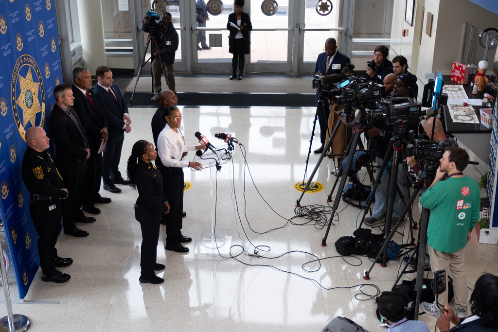 DeKalb County Sheriff Melody Maddox speaks to journalists Tuesday, Dec. 23, 2025, during a news conference in Decatur, Ga., about the escaped inmates who were captured late Monday. (Ben Gray /Atlanta Journal-Constitution via AP)