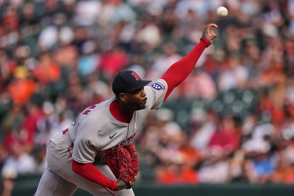 Boston Red Sox pitcher Aroldis Chapman delivers during the ninth inning of a baseball game against the Baltimore Orioles, Sunday, Sept. 6, 2026, in Baltimore. (AP Photo/Stephanie Scarbrough)