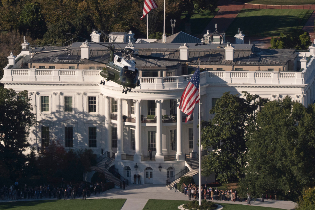 Marine One, carrying President Donald Trump, lifts off from the South Lawn at the White House, Thursday, Oct. 22, 2026, in Washington. (AP Photo/Manuel Balce Ceneta)