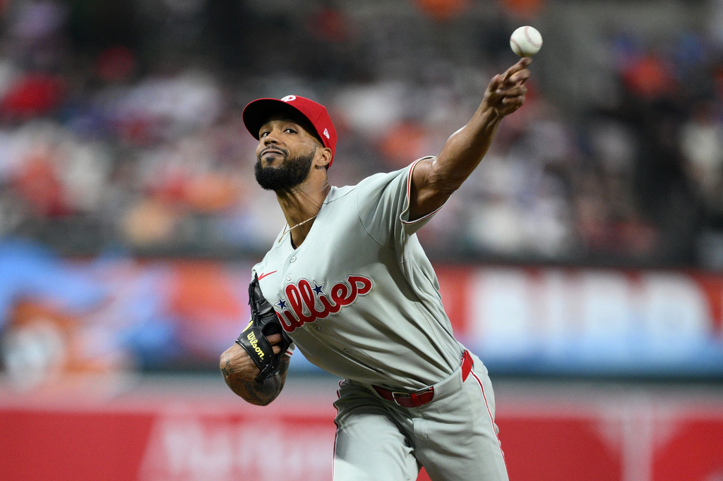 Philadelphia Phillies pitcher Cristopher Sanchez throws during the third inning of a baseball game against the Baltimore Orioles, Saturday, Aug. 1, 2026, in Baltimore. (AP Photo/Nick Wass)