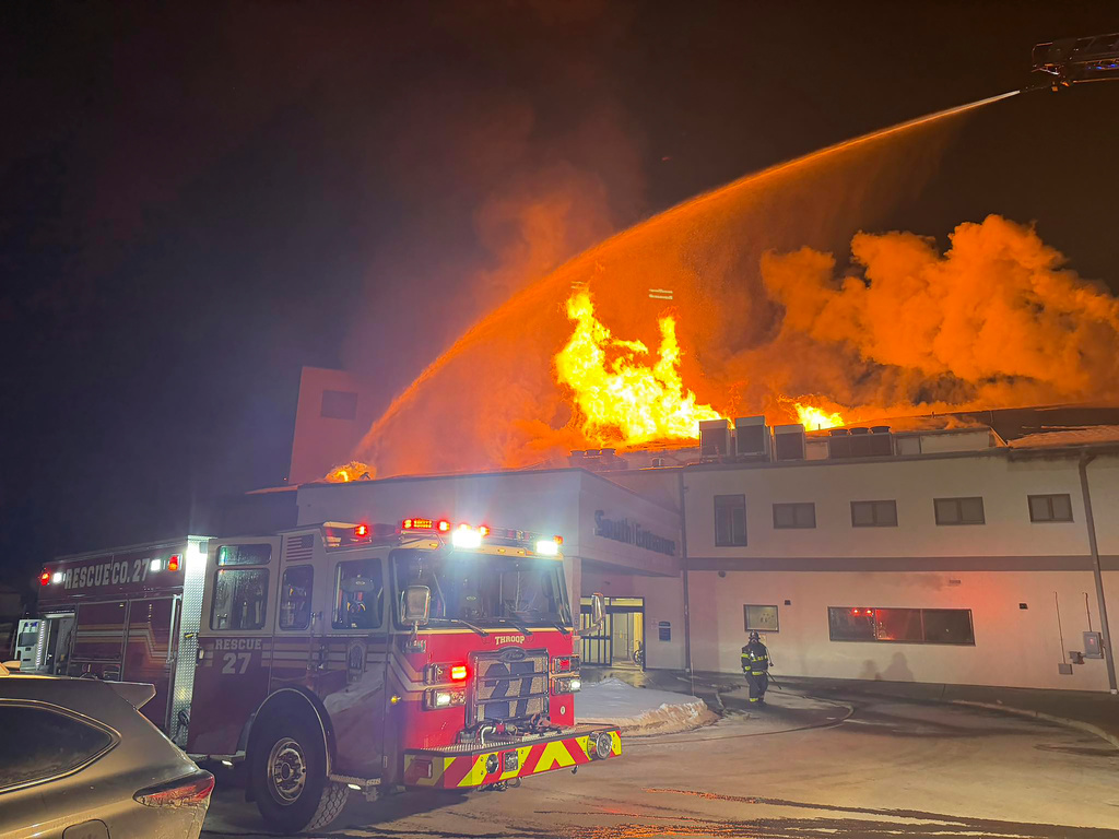 This photo provided by NEPA Fire Photography, shows firefighters battling a blaze at the Lehigh Valley Hospital on Wednesday, Feb. 4, 2026 in Dickson City, Pa. (NEPA Fire Photography via AP)