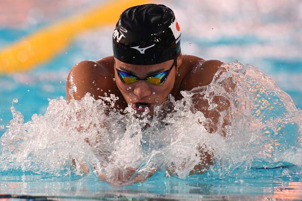 Tomoyuki Matsushita, of Japan, competes in the 400 meters individual medley at the Pan Pacific Swimming Championships Thursday, Aug. 13, 2026 in Irvine, Calif. (AP Photo/Gregory Bull)