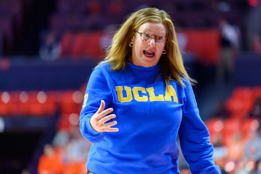 UCLA head coach Cori Close reacts during the first half of an NCAA college basketball game against Illinois Wednesday, Jan. 28, 2026, in Champaign, Ill. (AP Photo/Craig Pessman)