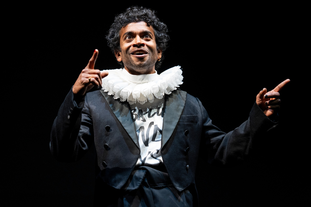 This image released by Polk & Co. shows Hiran Abeysekera in the role of Hamlet at the National Theatre in London on Sept. 25, 2025. (Sam Taylor/Polk & Co. via AP)
