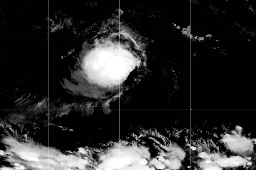 This satellite image released by NOAA shows Tropical Storm Lowell over the Pacific Ocean, Monday, Aug. 31, 2026. (NOAA via AP)