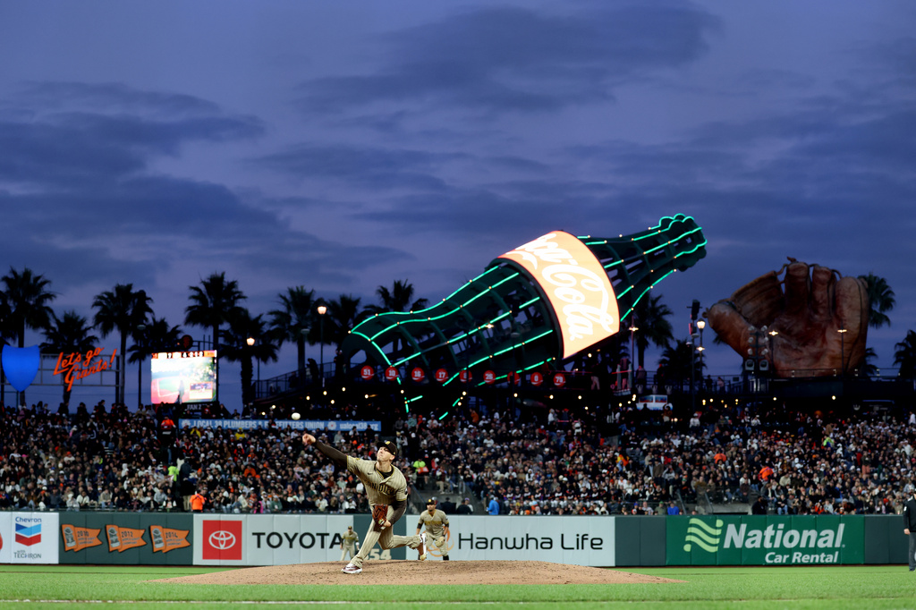 San Diego Padres pitcher Walker Buehler throws against the San Francisco Giants during the fifth inning of a baseball game in San Francisco, Tuesday, May 5, 2026. (AP Photo/Jed Jacobsohn)