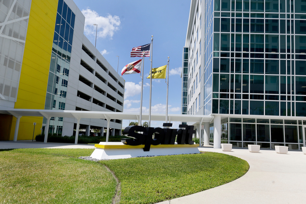 Spirit Airlines headquarters in Dania Beach, Fla., is shown on Friday, May 1, 2026. (Mike Stocker /South Florida Sun-Sentinel via AP)