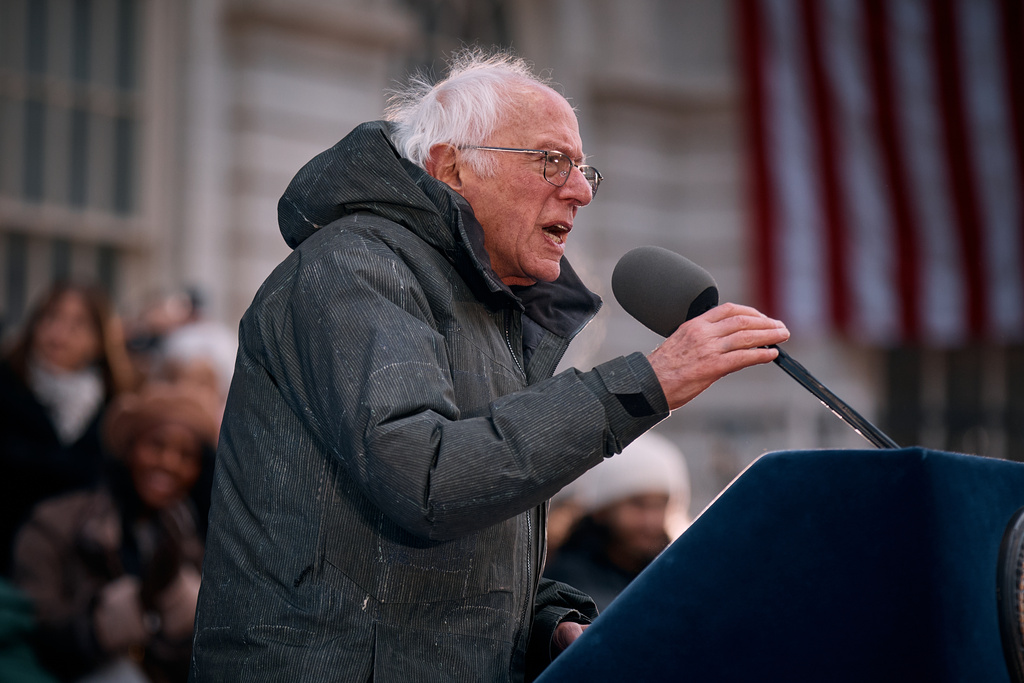 U.S. Sen. Bernie Sanders, I-Vt., speaks during Mayor Zohran Mamdani's inauguration ceremony, Thursday, Jan. 1, 2026, in New York. (AP Photo/Andres Kudacki)