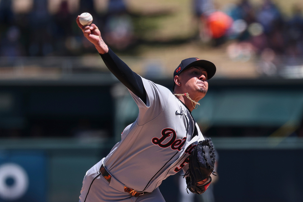 Detroit Tigers pitcher Keider Montero throws to the Athletics during the second inning of a baseball game Sunday, Aug. 2, 2026, in West Sacramento, Calif. (AP Photo/Sara Nevis)
