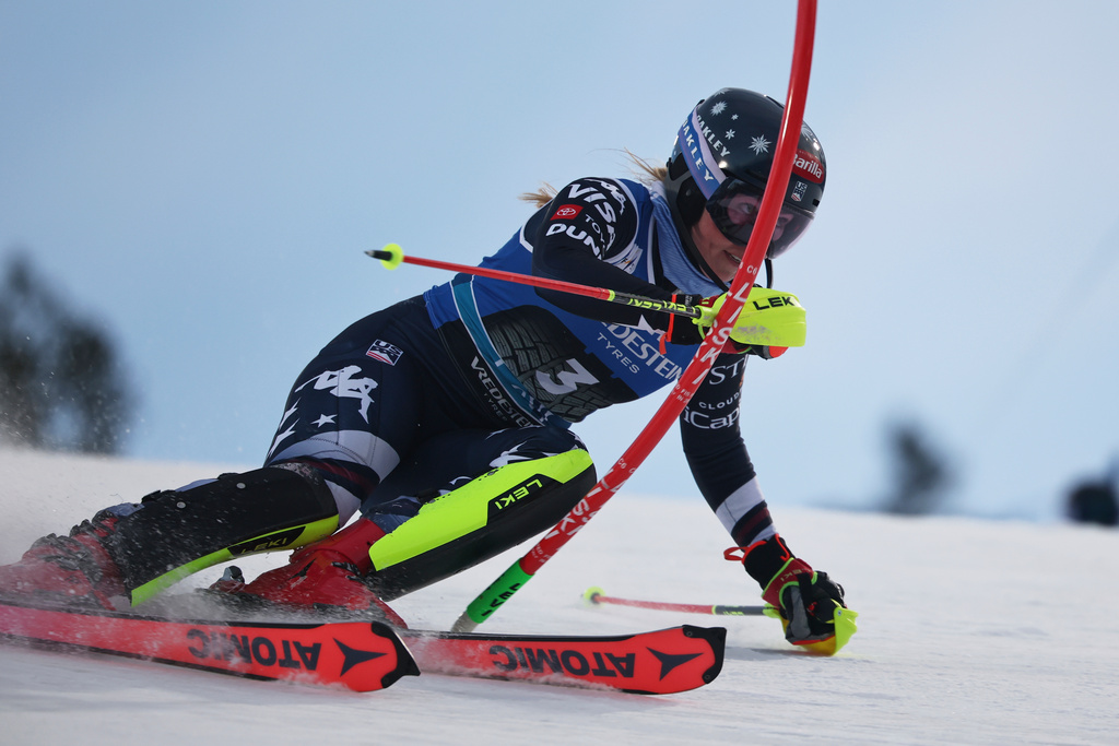 United States' Mikaela Shiffrin competes in an alpine ski, women's World Cup slalom, in Levi, Finland, Saturday, Nov. 15, 2025. (AP Photo/Marco Trovati)