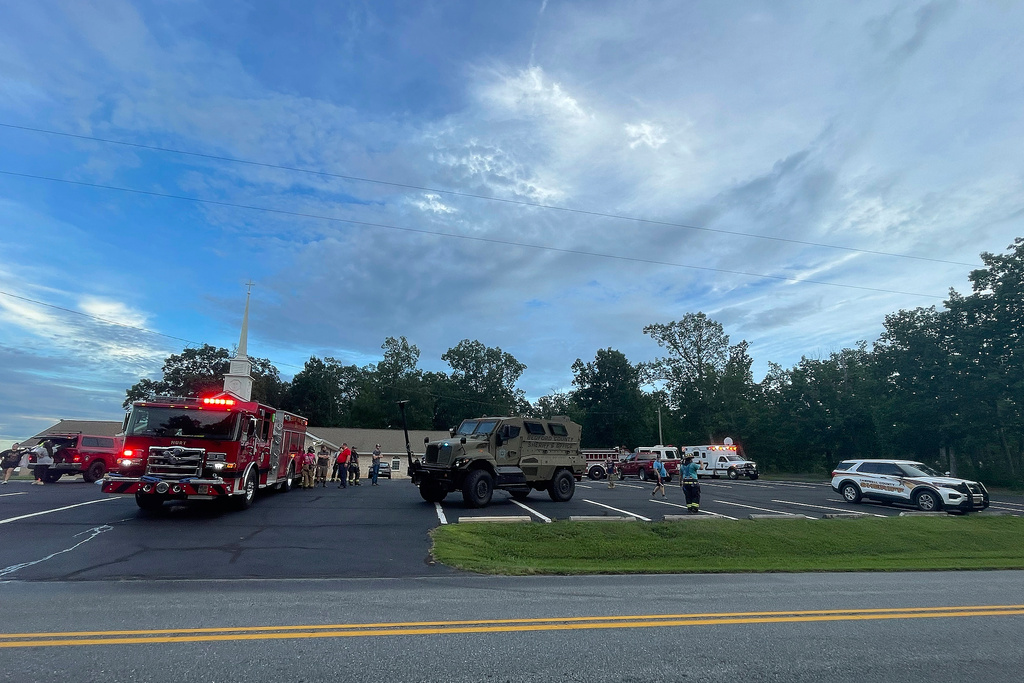 Law enforcement services assemble in response to an active shooting situation in Gretna, Va., Wednesday, Aug. 13, 2025. (John R. Crane/Danville Register & Bee via AP)