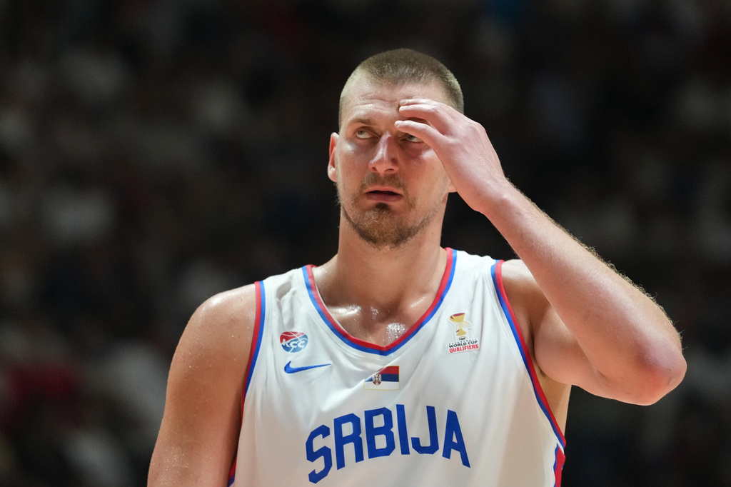 Serbia's Nikola Jokic reacts during their FIBA Basketball World Cup 2027 European qualifiers match between Serbia and Bosnia, in Belgrade, Serbia, Monday, July 6, 2026. (AP Photo/Darko Vojinovic)