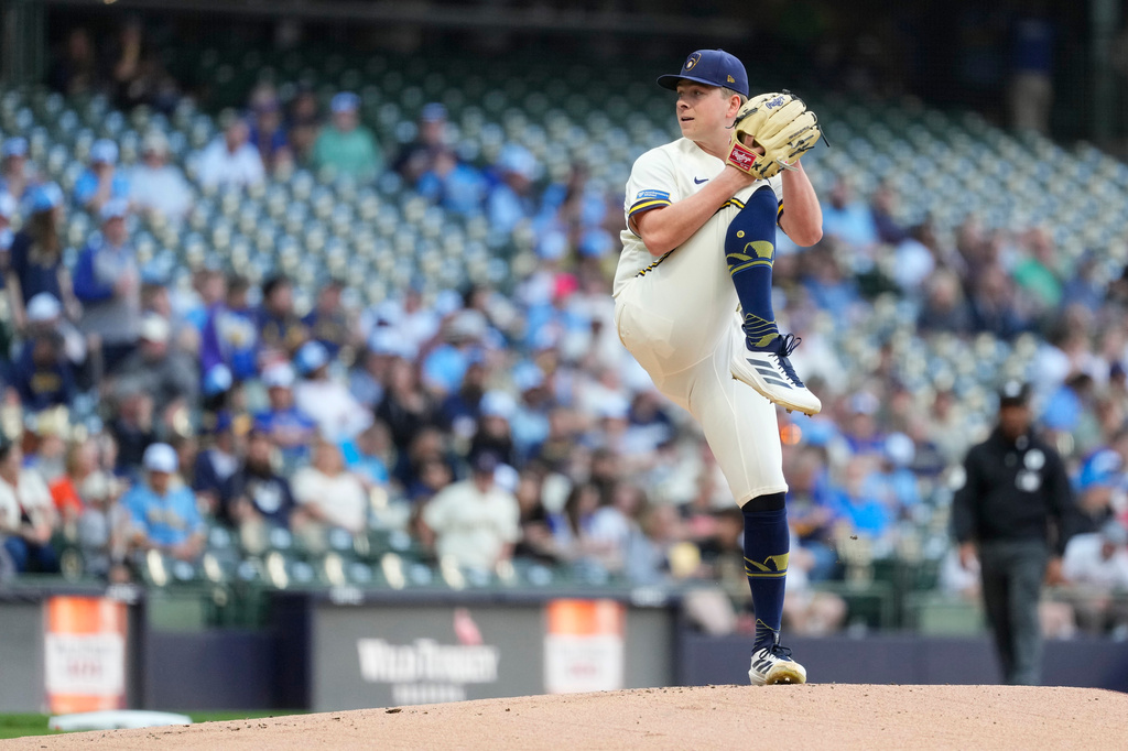 Milwaukee Brewers' Kyle Harrison pitches during the first inning of a baseball game against the San Francisco Giants, Tuesday, June 2, 2026, in Milwaukee. (AP Photo/Aaron Gash)