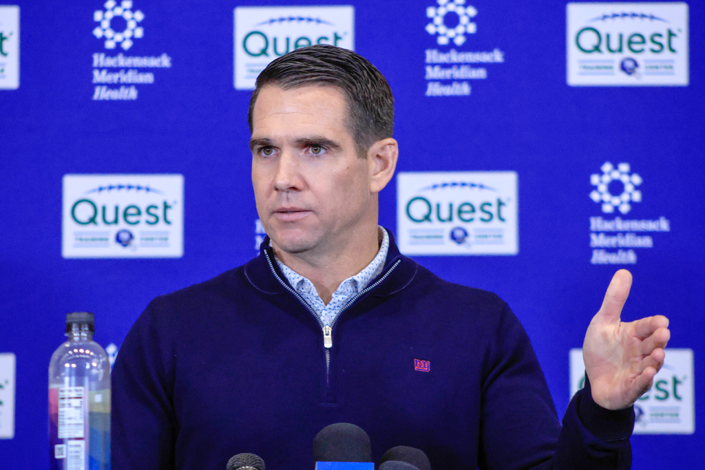 Joe Schoen, senior vice president and general manager of the New York Giants, speaks during an NFL football press conference, Tuesday, Dec. 2, 2025, in East Rutherford, N.J. (AP Photo/Kena Betancur)
