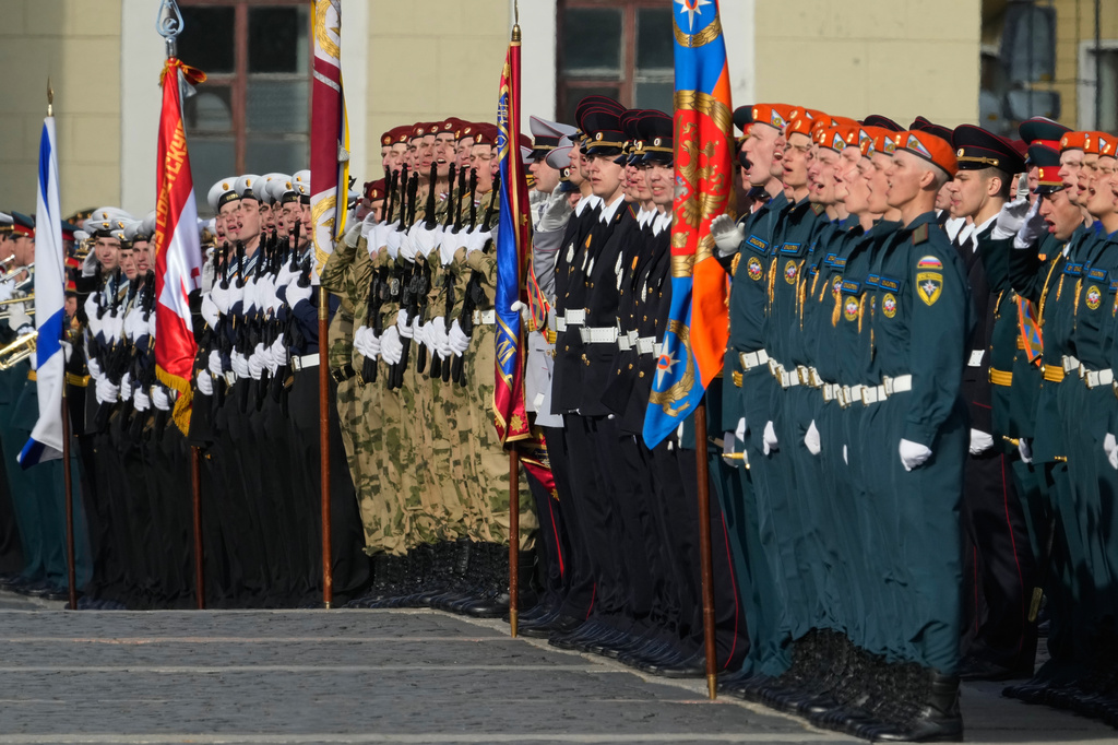 Troops attend a rehearsal for the Victory Day military parade at the Dvortsovaya (Palace) Square in St. Petersburg, Russia, Tuesday, May 5, 2026. (AP Photo/Dmitri Lovetsky)
