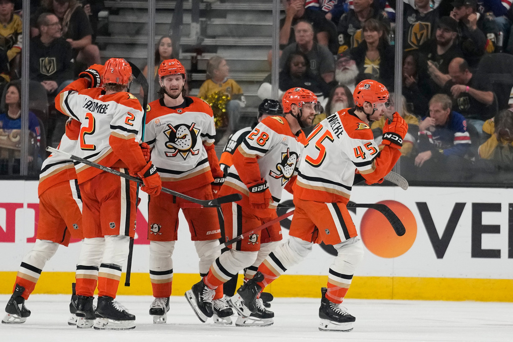 Anaheim Ducks right wing Beckett Sennecke (45) celebrates after scoring against the Vegas Golden Knights during the second period of Game 2 of a second-round NHL hockey Stanley Cup playoff series Wednesday, May 6, 2026, in Las Vegas. (AP Photo/John Locher)