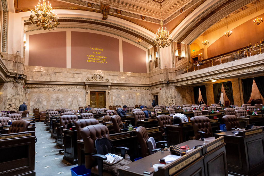 FILE - The interior of the House chamber at the Washington state Capitol is seen April 25, 2025, in Olympia, Wash. (AP Photo/Maddy Grassy, File)