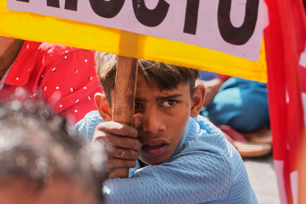 A boy holds a banner during trade unions nationwide strike to protest an interim trade deal with the United States, saying the agreement undermines the interests of farmers, small businesses and workers in New Delhi, India, Thursday, Feb. 12, 2026. (AP Photo/Manish Swarup)