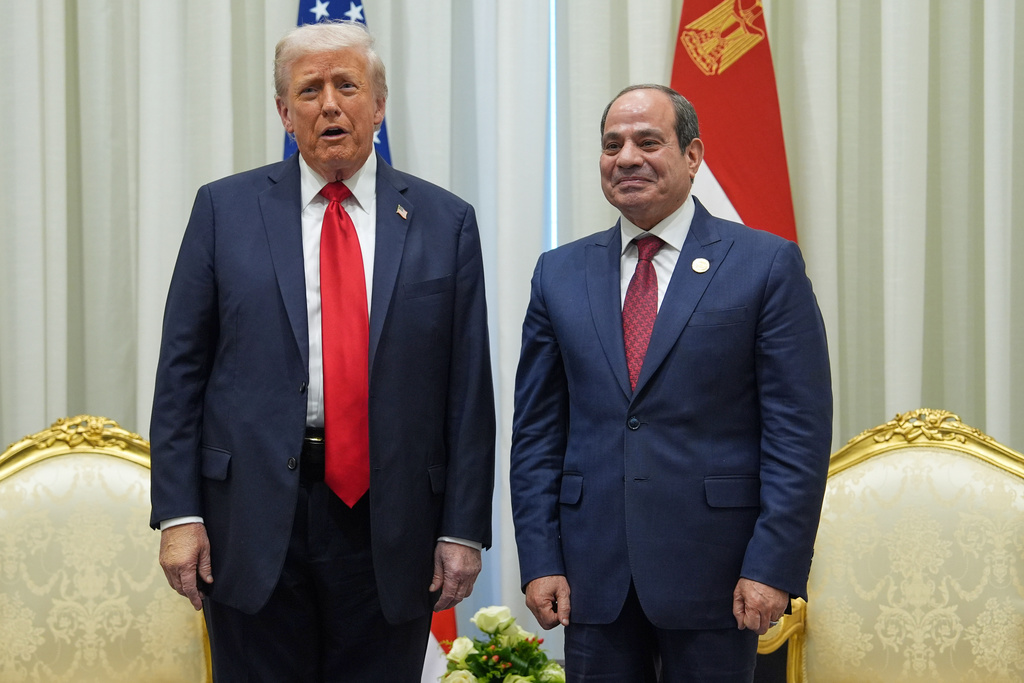 President Donald Trump meets with Egypt's President Abdel-Fattah el-Sissi during a summit to support ending the more than two-year Israel-Hamas war in Gaza after a breakthrough ceasefire deal, Monday, Oct. 13, 2025, in Sharm El Sheikh, Egypt. (AP Photo/Evan Vucci)