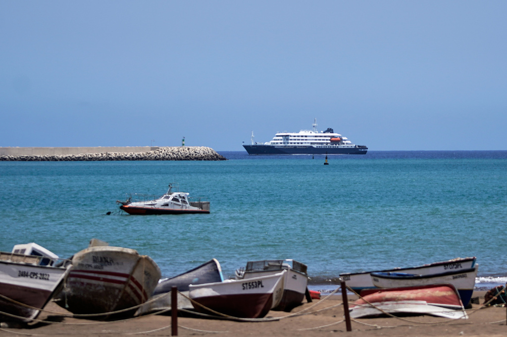 The MV Hondius cruise ship is anchored at a port in Praia, Cape Verde, Monday, May 4, 2026. (AP Photo/Arilson Almeida)