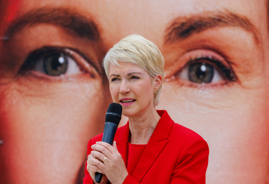 Social Democratic Party, SPD, Prime Minister of Mecklenburg-Western Pomerania and the party's top candidate for the upcoming state election, Manuela Schwesig, answers questions from media in Schwerin, Germany, Monday, Sept. 7, 2026. ( Jens Büttner/dpa via AP)
