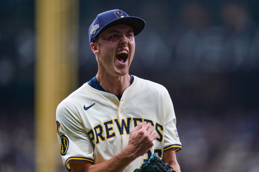 Milwaukee Brewers relief pitcher Jacob Misiorowski (32) celebrates after forcing the final out during the top of the third inning of Game 2 of baseball's National League Division Series against the Chicago Cubs Monday, Oct. 6, 2025, in Milwaukee. (AP Photo/Kayla Wolf) Milwaukee Brewers relief pitcher Jacob Misiorowski (32) celebrates after forcing the final out during the top of the third inning of Game 2 of baseball's National League Division Series against the Chicago Cubs Monday, Oct. 6, 2025, in Milwaukee. (AP Photo/Kayla Wolf)