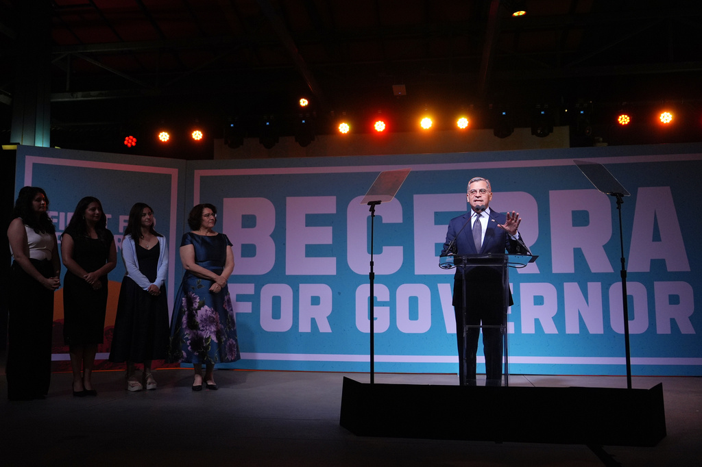 California gubernatorial candidate Xavier Becerra speaks during an election night event Tuesday, June 2, 2026, in Los Angeles. (AP Photo/Jae C. Hong)
