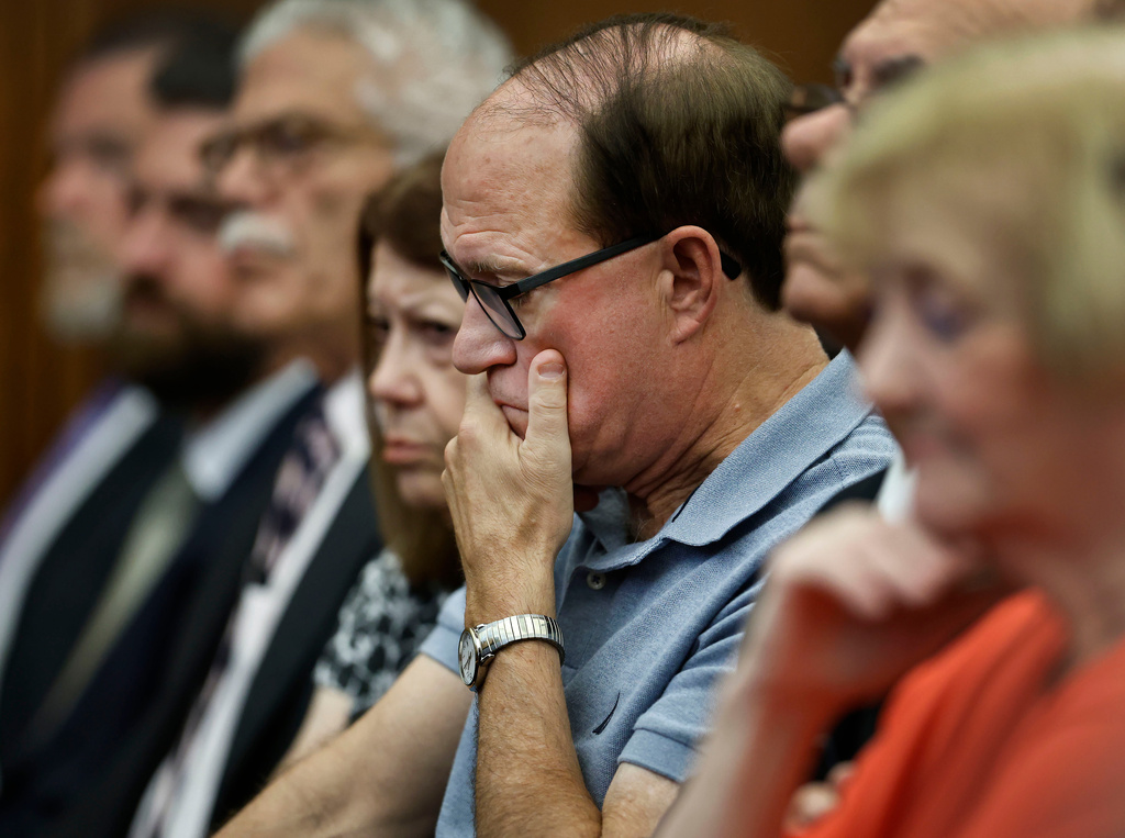Michael Musgrove, the father of Lindsay Clancy listens to testimony in his daughters murder trial in Plymouth Superior Court, on Wednesday, Aug. 26, 2026 in Plymouth, Mass. (Greg Derr /The Patriot Ledger via AP, Pool)
