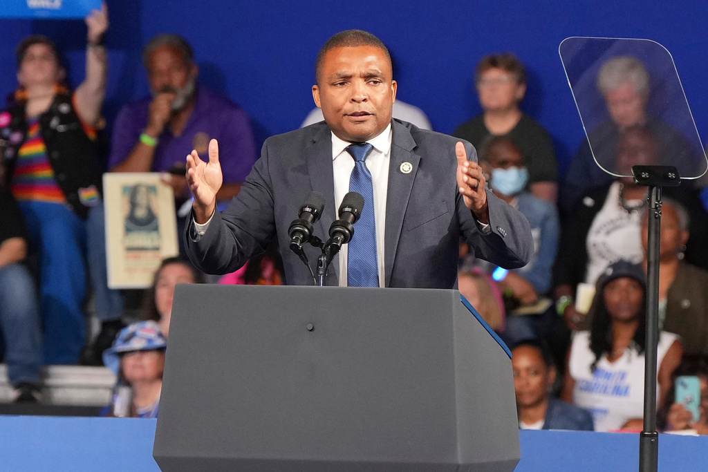 FILE - Rep. Don Davis, D-N.C., speaks at a campaign event for Democratic presidential nominee Vice President Kamala Harris, at East Carolina University, Oct. 13, 2024, in Greenville, N.C. (AP Photo/David Yeazell, File)
