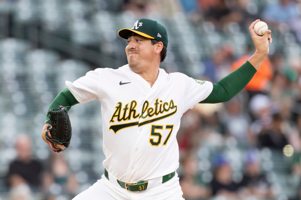 Athletics pitcher Jacob Lopez throws to the Baltimore Orioles during the first inning of a baseball game Friday, Aug. 28, 2026, in West Sacramento, Calif. (AP Photo/Sara Nevis)