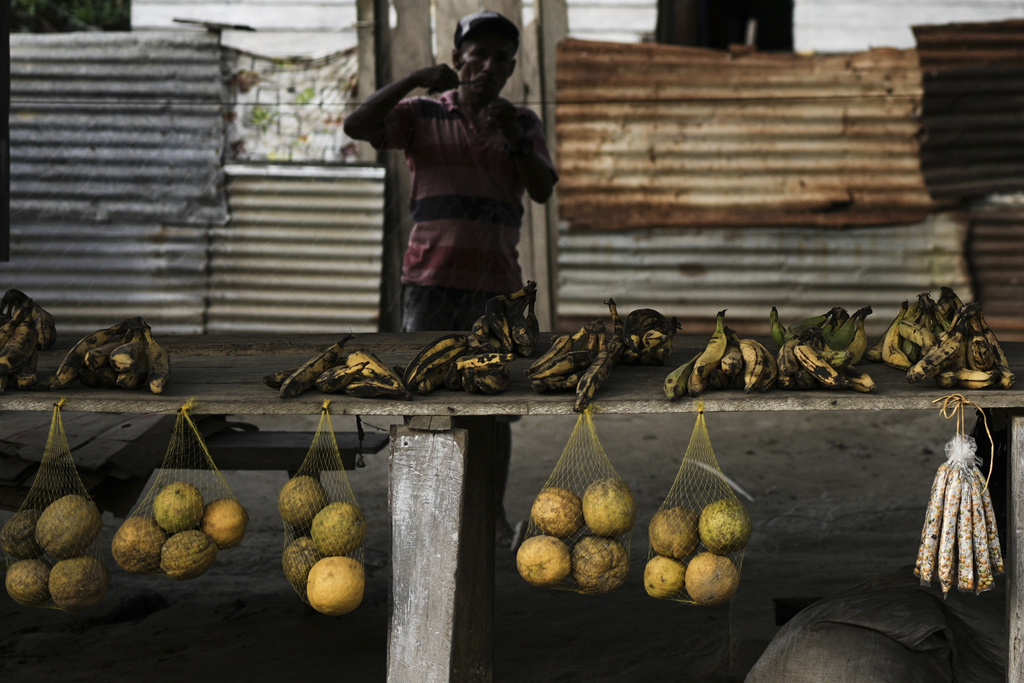 A fruit vendor works at his stand in Santa Rosa, Peru, an island on the Amazon River at the triple border with Colombia, Monday, Aug. 18, 2025. (AP Photo/Ivan Valencia)