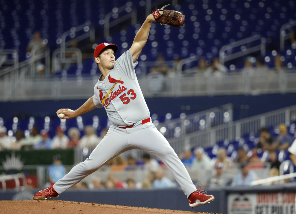 St. Louis Cardinals starting pitcher Andre Pallante throws during the first inning of a baseball game against the Miami Marlins, Wednesday, Aug. 20, 2025, in Miami. (AP Photo/Rhona Wise)