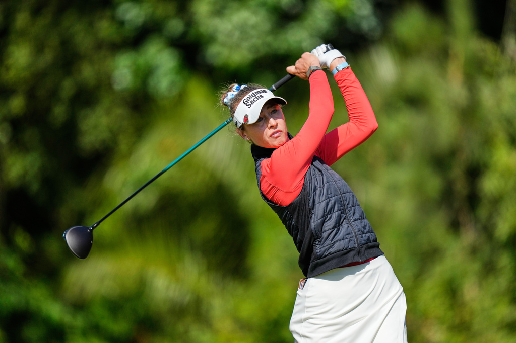 Nelly Korda hits of the 13th tee during the third round of the U.S. Women's Open golf tournament Saturday, June 6, 2026, in the Pacific Palisades area of Los Angeles. (AP Photo/Ashley Landis)
