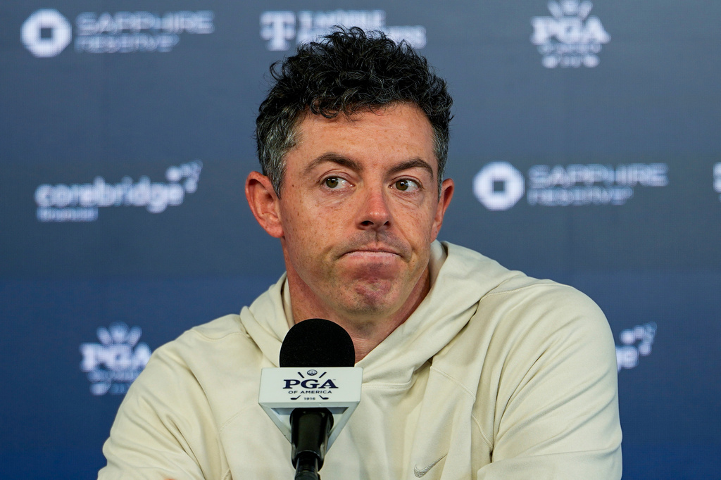 Rory McIlroy, of Northern Ireland, speaks to the media prior to a PGA Championship golf tournament practice round at Aronimink Golf Club, Tuesday, May 12, 2026, in Newtown Square, PA. (AP Photo/Carolyn Kaster)