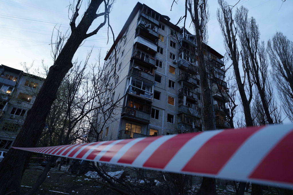 A house is seen damaged after a Russian strike on residential neighbourhood in Kyiv, Ukraine, on Thursday, April 16, 2026. (AP Photo/Evgeniy Maloletka)