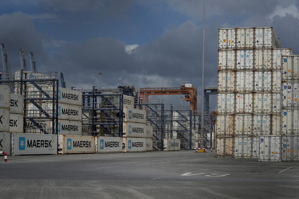 Containers sit at the Balboa terminal, run by CK Hutchison's Panama Ports Co., after Panama's government ordered the occupation of the port following a Supreme Court ruling that the concession was unconstitutional, in Panama City, Monday, Feb. 23, 2026. (AP Photo/Matias Delacroix)
