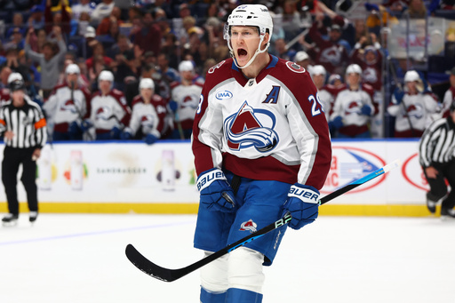 Colorado Avalanche center Nathan MacKinnon (29) celebrates his goal during the second period of an NHL hockey game against the Buffalo Sabres Monday, Oct. 13, 2025, in Buffalo, N.Y. (AP Photo/Jeffrey T. Barnes) Colorado Avalanche center Nathan MacKinnon (29) celebrates his goal during the second period of an NHL hockey game against the Buffalo Sabres Monday, Oct. 13, 2025, in Buffalo, N.Y. (AP Photo/Jeffrey T. Barnes)