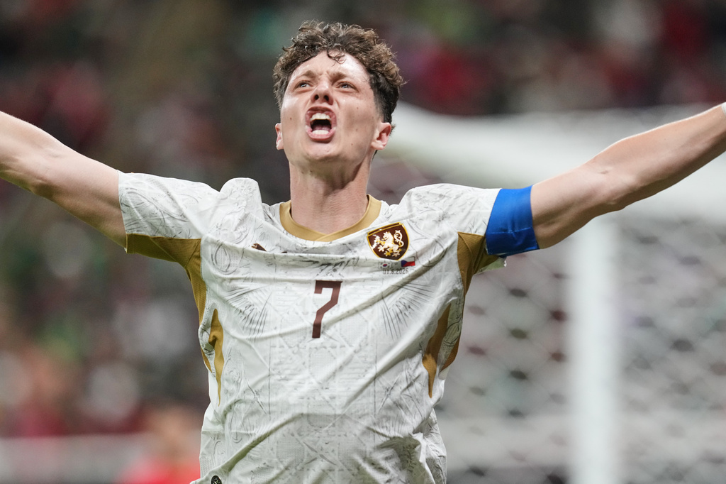 Czechia's Ladislav Krejci reacts after scoring against South Korea in Zapopan, near Guadalajara, Mexico, Thursday, June 11, 2026. (AP Photo/Dolores Ochoa)