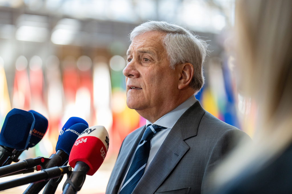 Italy's Foreign Minister Antonio Tajani speaks with the media as he arrives for a meeting of EU foreign ministers at the European Council building in Brussels, Monday, May 11, 2026. (AP Photo/Marius Burgelman)